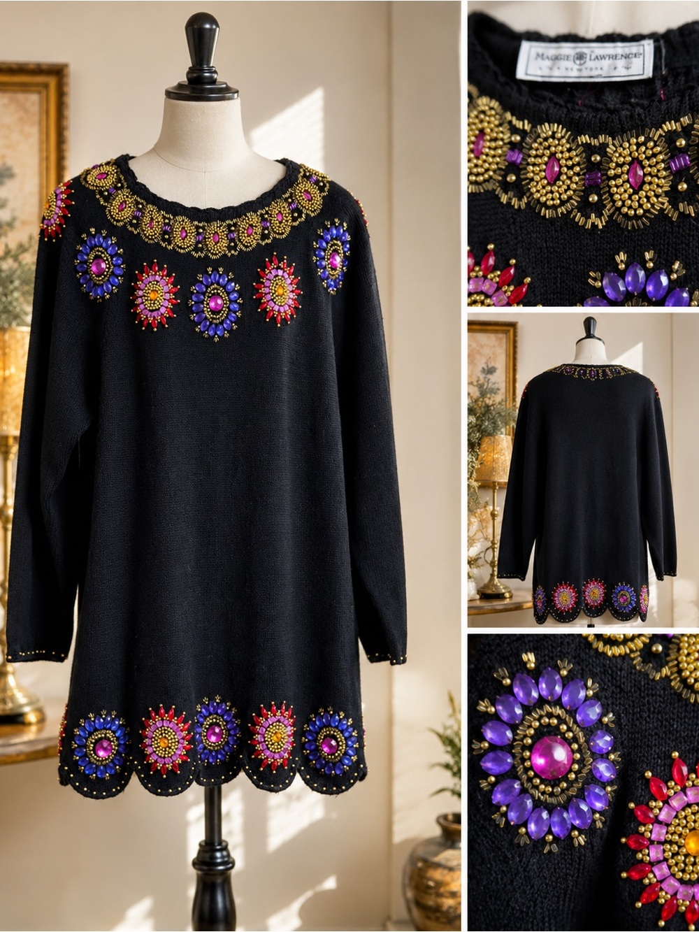 VINTAGE Maggie Lawrence Black Beaded Embellished Women's Sweater Dress